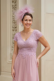 Dusty Rose A-Line V-Neck Long Mãe do Vestido da Noiva com Renda