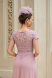 Dusty Rose A-Line V-Neck Long Mãe do Vestido da Noiva com Renda
