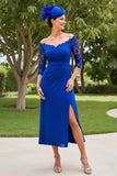 Royal Blue Off the Shoulder 3/4 Manga Mãe do Vestido da Noiva com Renda