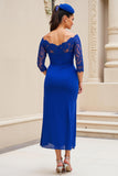 Royal Blue Off the Shoulder 3/4 Manga Mãe do Vestido da Noiva com Renda