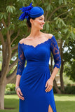 Royal Blue Off the Shoulder 3/4 Manga Mãe do Vestido da Noiva com Renda