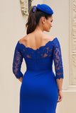 Royal Blue Off the Shoulder 3/4 Manga Mãe do Vestido da Noiva com Renda
