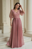Dusty Rose A-Line V-Neck Chiffon Longa Mãe do Vestido da Noiva com Folhos