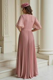 Dusty Rose A-Line V-Neck Chiffon Longa Mãe do Vestido da Noiva com Folhos