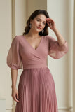Dusty Rose A-Line V-Neck Chiffon Longa Mãe do Vestido da Noiva com Folhos
