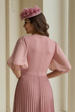 Dusty Rose A-Line V-Neck Chiffon Longa Mãe do Vestido da Noiva com Folhos