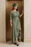 Olive A-Line Bateau Neck 3/4 Manga Ruched Mãe do Vestido da Noiva com Folhos