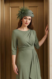 Olive A-Line Bateau Neck 3/4 Manga Ruched Mãe do Vestido da Noiva com Folhos
