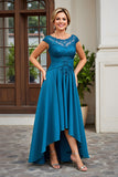 Peacock Blue A-Line Bateau Neck Ruched Mãe do Vestido da Noiva com Apliques de Renda