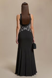 Crepe Bateau Pescoço Preto Uma Linha Vestido Formal
