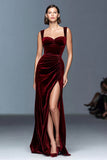 Borgonha A-Line Veludo Ruched Long Formal Dress