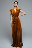 Caramelo V-Neck Velvet A-Line Vestido Formal Longo com Cap Mangas