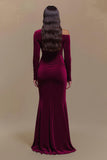 Um ombro cetim mangas longas vestido formal Borgonha com fenda