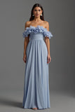 Sky Blue Ruched fora do ombro Chiffon vestido formal com babados