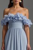 Sky Blue Ruched fora do ombro Chiffon vestido formal com babados