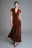 Veludo Caramelo Ruched V Neck Long Holiday Vestido de Festa