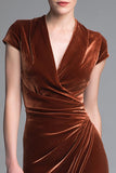 Veludo Caramelo Ruched V Neck Long Holiday Vestido de Festa