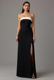 Strapless preto e branco bainha vestido formal longo com fenda