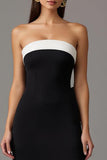Strapless preto e branco bainha vestido formal longo com fenda