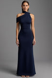Navy cetim assimétrico pescoço longo vestido formal
