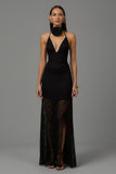 Bainha preta V pescoço longo vestido formal com renda
