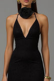 Bainha preta V pescoço longo vestido formal com renda