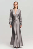 Cinzento Ruched Cetim V Pescoço Vestido Formal Longo