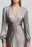 Cinzento Ruched Cetim V Pescoço Vestido Formal Longo