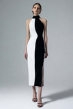 High Neck Preto e Branco Bainha Midi Vestido Formal com Fenda