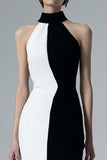 High Neck Preto e Branco Bainha Midi Vestido Formal com Fenda