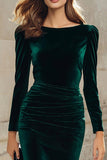 Bainha Verde Escuro Veludo Manga Longa Midi Vestido de Trabalho