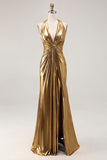 Gold Halter Metalizado Ruched Long Formal Dress wth Fenda
