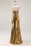 Gold Halter Metalizado Ruched Long Formal Dress wth Fenda