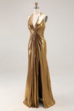 Gold Halter Metalizado Ruched Long Formal Dress wth Fenda