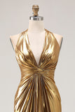 Gold Halter Metalizado Ruched Long Formal Dress wth Fenda