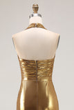 Gold Halter Metalizado Ruched Long Formal Dress wth Fenda