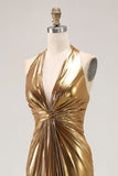 Gold Halter Metalizado Ruched Long Formal Dress wth Fenda