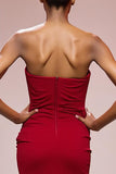 Cetim vermelho simples sereia sem alças vestido de noite longo