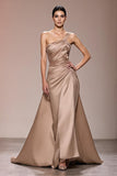Champagne cetim Ruched longo vestido de noite