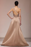 Champagne cetim Ruched longo vestido de noite