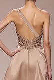 Champagne cetim Ruched longo vestido de noite