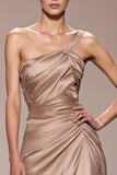 Champagne cetim Ruched longo vestido de noite