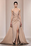 Champagne Cetim Esparguete Correias Vestido de Noite Longo