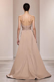 Champagne Cetim Esparguete Correias Vestido de Noite Longo