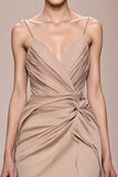 Champagne Cetim Esparguete Correias Vestido de Noite Longo