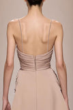 Champagne Cetim Esparguete Correias Vestido de Noite Longo