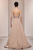 Champagne cetim backless ruched longo vestido de noite com fenda