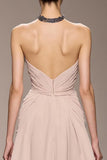 Champanhe cetim Halter longo vestido de noite com missangas