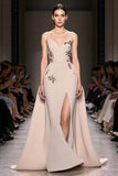 Champagne A Line Spaghetti Correias Vestido de Noite Longo Com Fenda