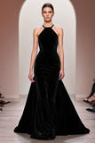 Veludo Preto Uma Linha Halter Vestido de Noite Longo